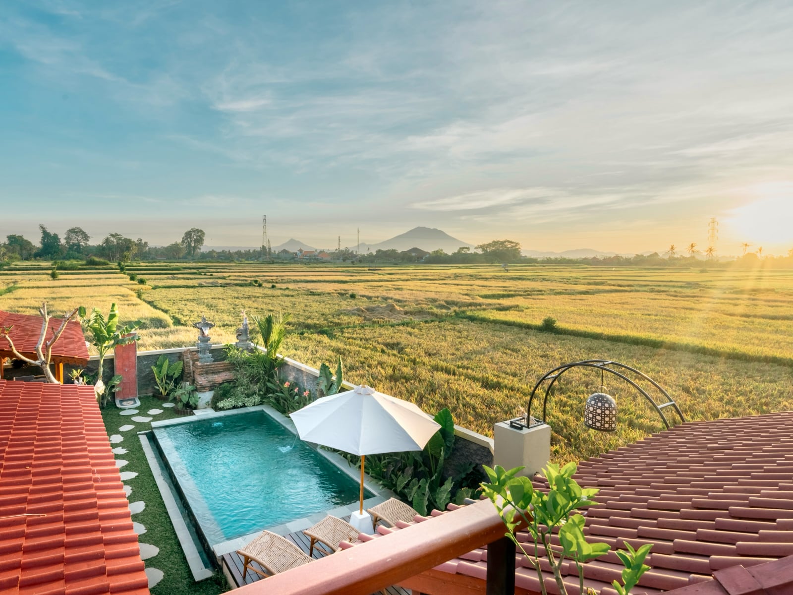 Joglo Hati: pool above the rice paddies at sunrise