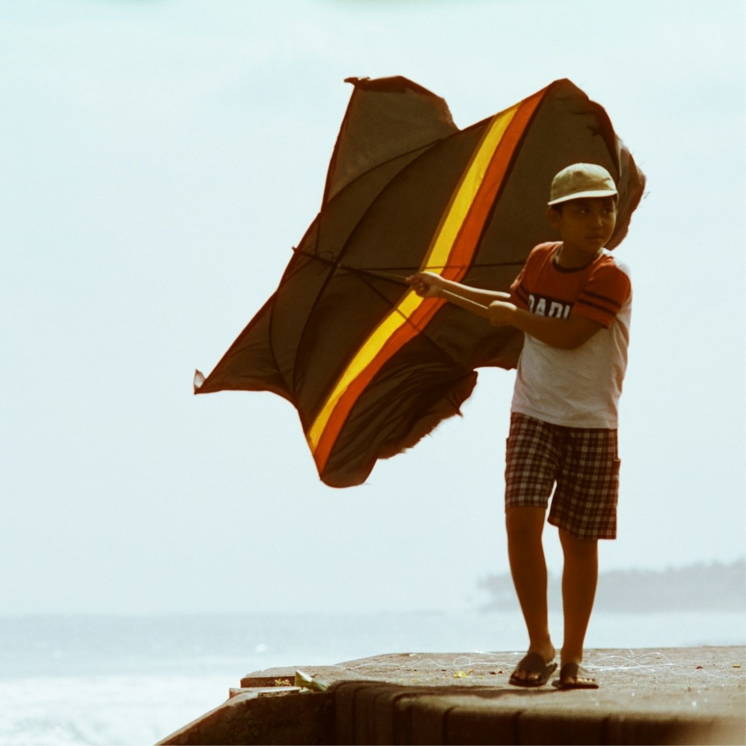 Boy flying a big kite